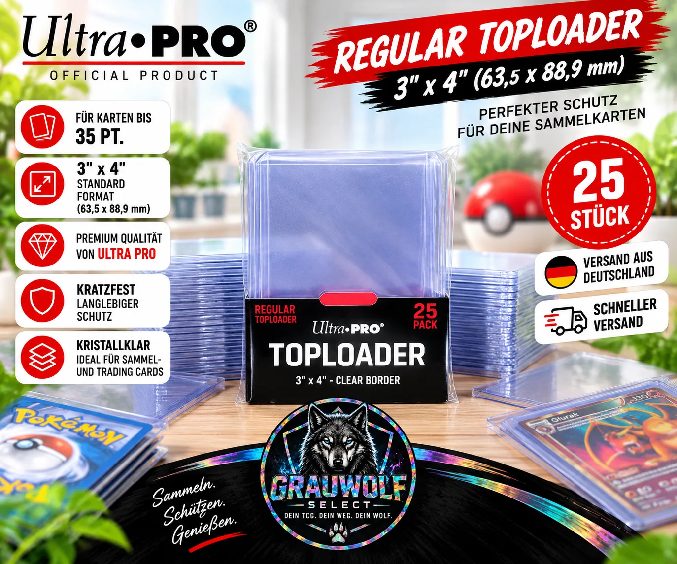 Toploader Ultra PRO 3x4 Regular 35PT – 63,5×88,9mm – 25Stk. für SammelkartenTCG